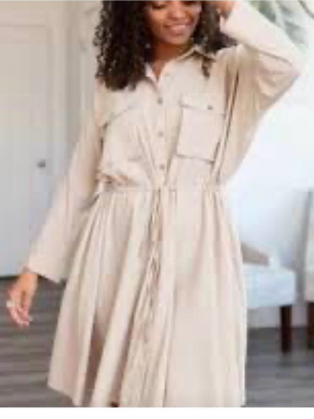 Women’s small over sized Easel utility beige dress with pockets and drawstring
